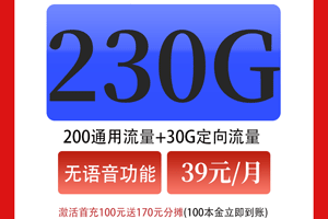 电信大北卡 39元月租含200G通用+30G定向【大流量无语音】