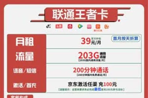 联通王者卡39元包203G通用+200分钟通话套餐介绍
