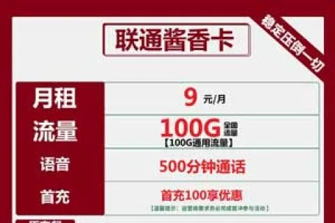 联通酱香卡9元包100G通用+500分钟通话+视频会员