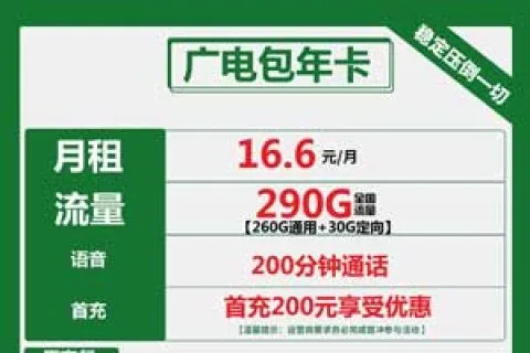 广电包年卡16.6元包290GG+200分钟套餐介绍