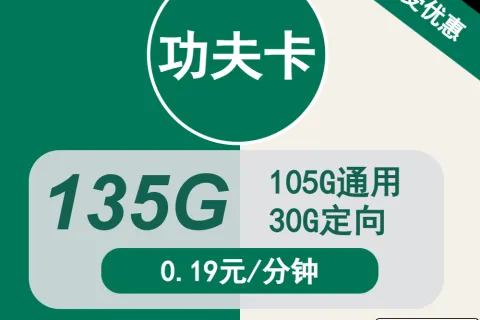 中国移动功夫卡29元包105G通用+30G定向+通话0.19元/分钟套餐概括