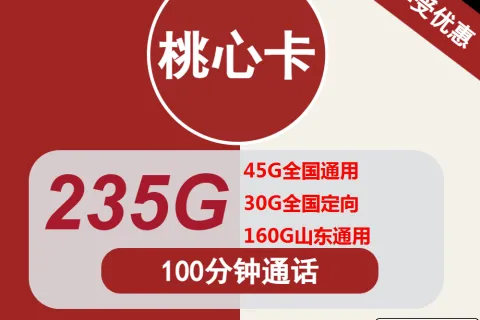 中国联通桃心卡19元包45G全国通用+30G定向+160G山东通用+100分钟套餐概括