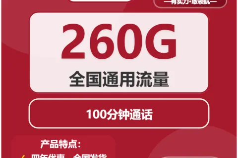 中国联通旅程卡29元包260G通用+100分钟套餐概括