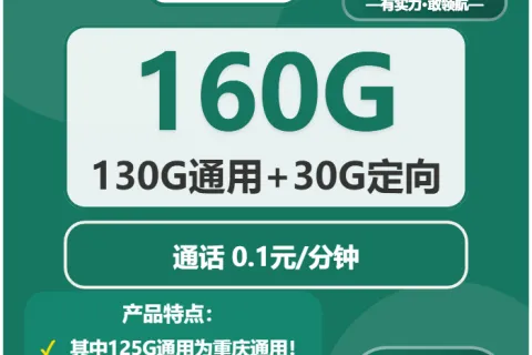 中国移动硕果卡39元包130G通用+30G定向+通话0.1元/分钟套餐概括