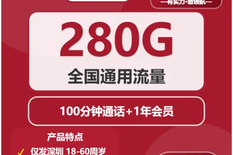 中国联通华年卡58元包280G通用+100分钟+会员套餐概括