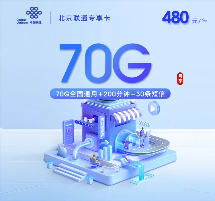 北京联通专享卡【480元包年每月70G+200分钟】